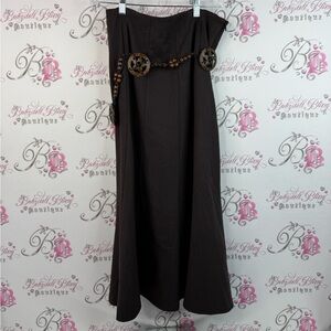 Vamp skirt belted wooden belt maxi long Elegant Brown Skirt with Decorative Belt